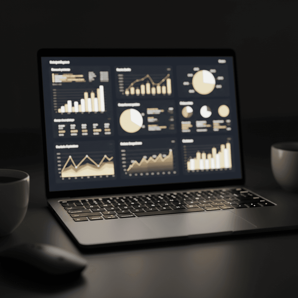 Laptop keyboard with glowing screen and data dashboard