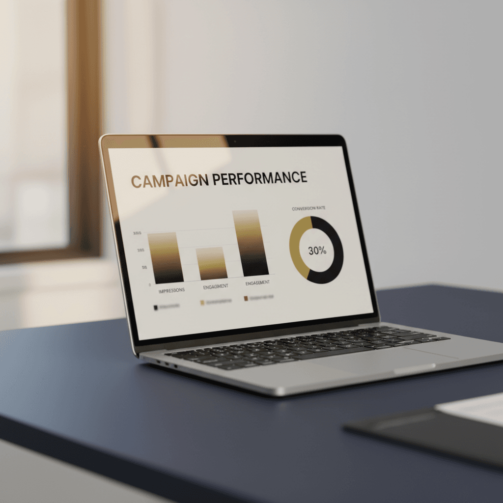 Ad campaign analytics dashboard on a laptop