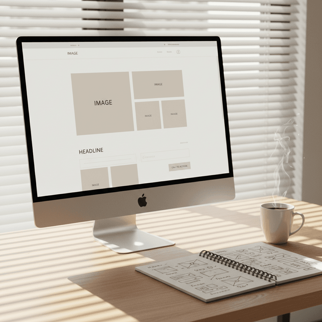 Web design wireframe on a desktop monitor